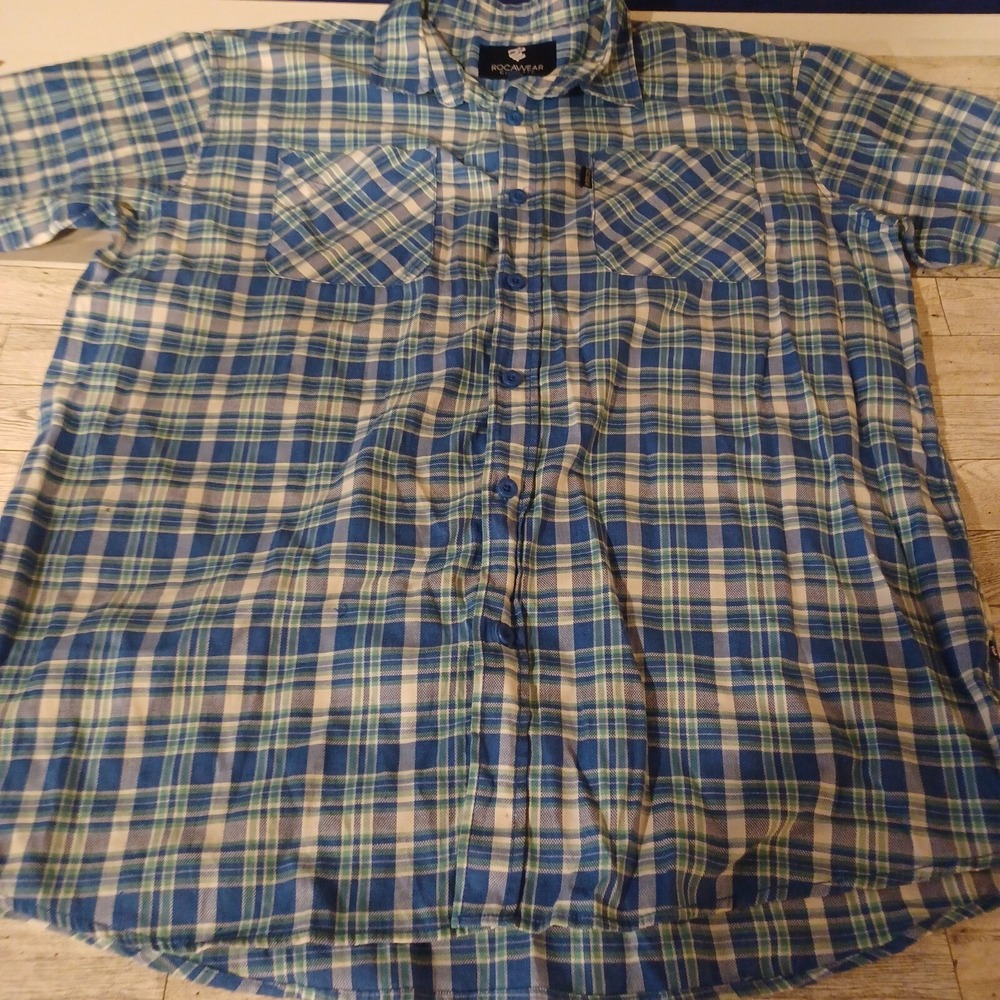 Rocawear Shirt Mens 2XB Blue Beige Plaid Classic Fit Button Up Short Sleeve Logo